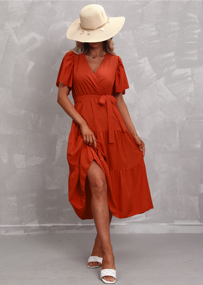 V-Neck Short Sleeve Solid Color Mid-Length Smocked Dress Casual Wholesale Dresses