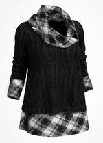 Fashion Pile Collar Plaid Splicing Knit Pullover Loose Long Sleeve Sweater Wholesale