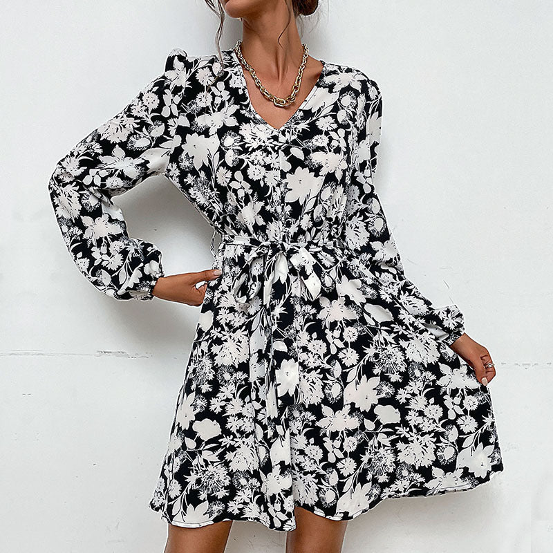 Casual V-Neck Long Sleeve Tie-Up Floral Dress Wholesale Dresses