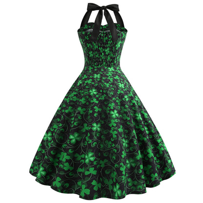 Four Leaf Clover Retro Halter Floral Midi Dress Wholesale For St. Patrick'S Day Wholesale Women's Holiday Wear