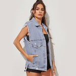 Sleeveless Loose Solid Color Single-Breasted Women Ripped Wholesale Denim Jacket