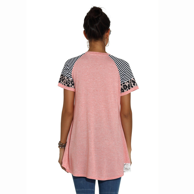 Lace Trim Leopard Print Patchwork Wholesale T-shirt Blouses Casual Tunic Tops