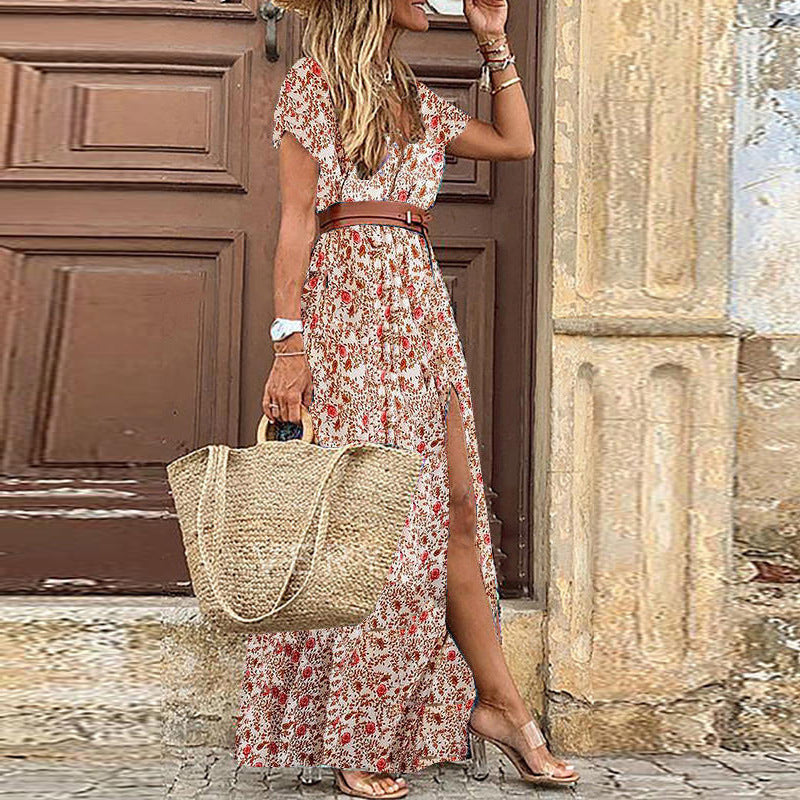 Fashion V-Neck Print Short Sleeve Vacation Slit Maxi Dresses Wholesale Bohemian Dress For Women With Belt