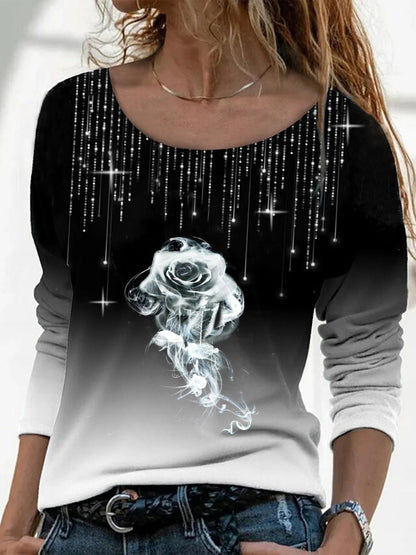 Long Sleeve Round Neck Gradient T-Shirt Whit Rose Print