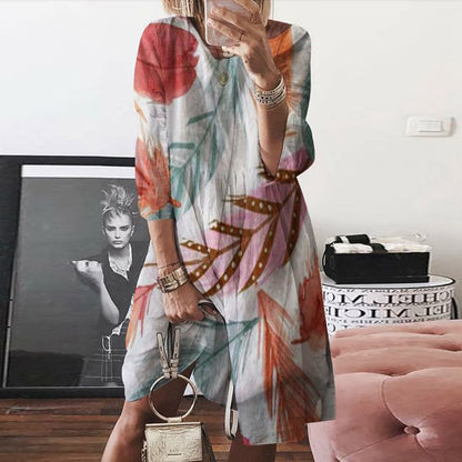 Fashion Print Cotton & Linen Round Neck Seven-Quarter Sleeves Loose Dress Casual Wholesale Dresses SD531710