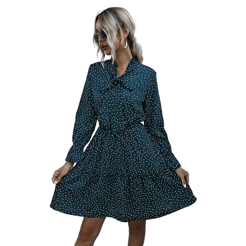 Polka Dot Print Puff Sleeve Bowknot Chiffon Wholesale Swing Dresses For Women