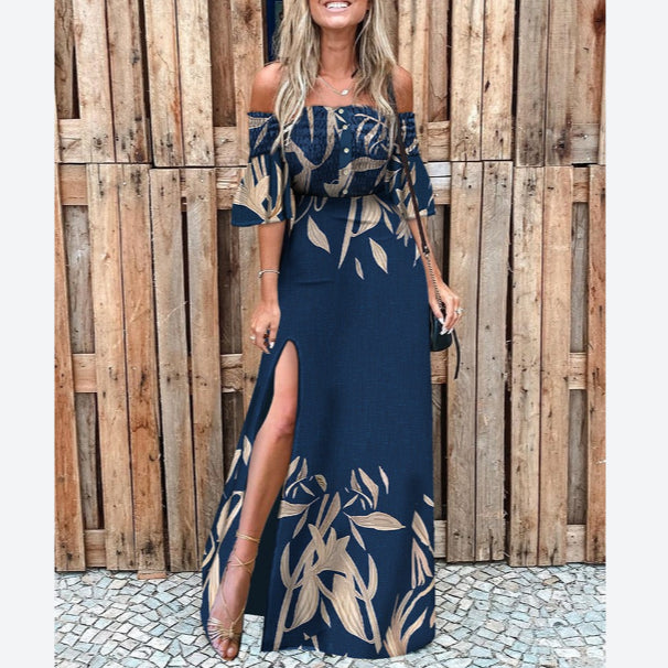 Off Shoulder Printed Nipped Waist Slit A-Line Dress Fashion Wholesale Maxi Dresses