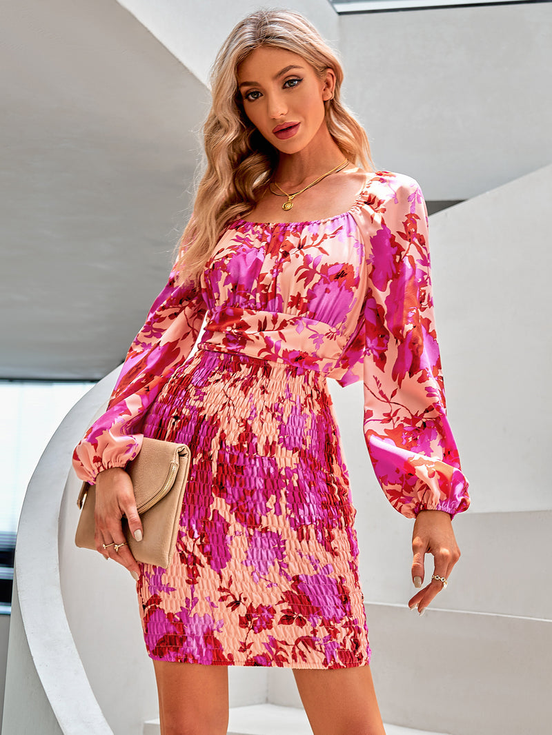 Trendy Long-Sleeved Floral Print Bag Hip Dress Wholesale Dresses