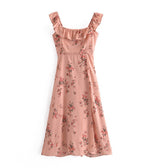 Ruffles Floral Print Resort Sundresses Slit Sling Square Neck A-Line Dress Vintage Wholesale Dresses