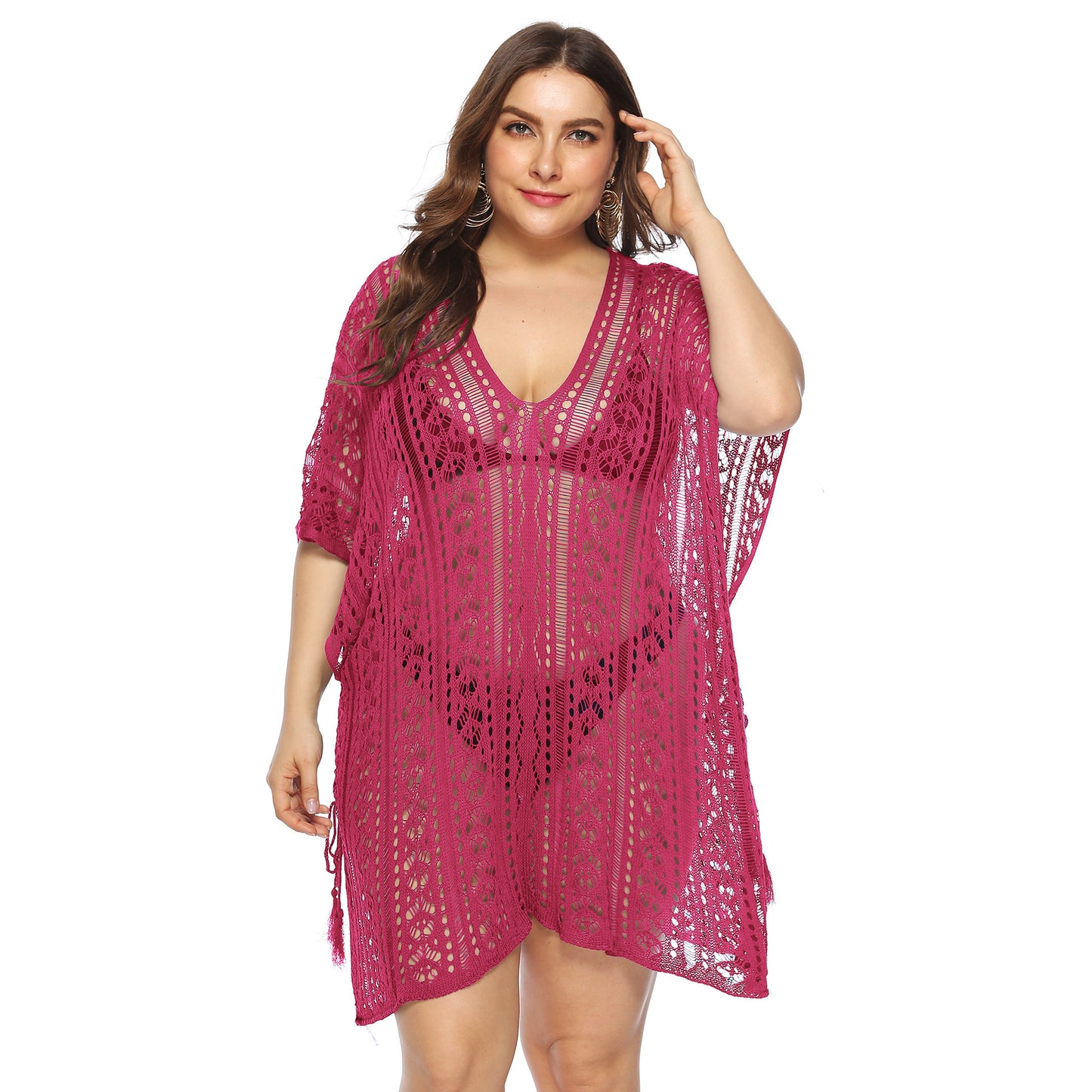 Sexy Cutout Knitted Bikini Cover Up V-Neck Slit Beachwear Curve Dresses Wholesale Plus Size Clothing