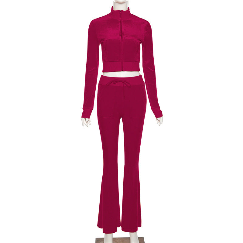 Plain Velvet Zipper Top With Pants Women Tracksuits