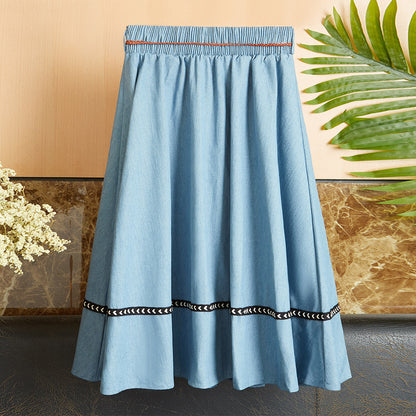 Elastic Waist Pleated Denim Skirt Wholesale