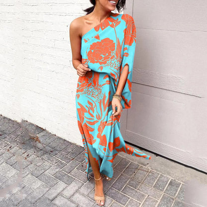 One Shoulder Printed Loose Lace-Up Dress Wholesale Maxi Dresses