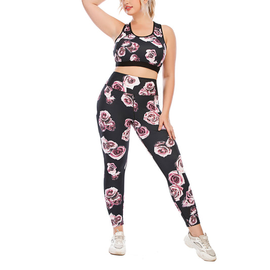 Sport Bra & Leggings Rose Print Curvy Yoga Fitness Suits Workout Plus Size Two Piece Sets Wholesale Activewears