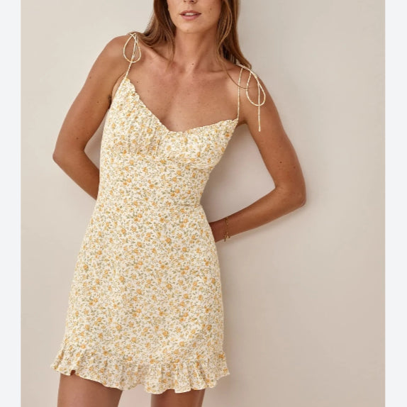 Floral Print Sundresses Resort Style V-Neck Chiffon Backless Lace-Up Ruffled Dress Chic Wholesale Dresses