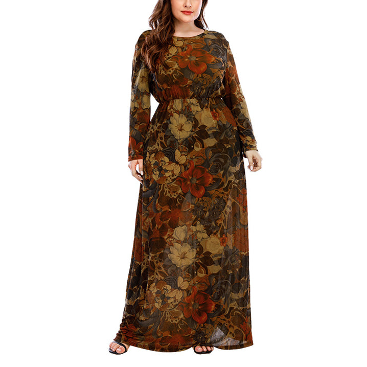 Floral Print Round Neck Retro Curvy Dresses Wholesale Plus Size Clothing