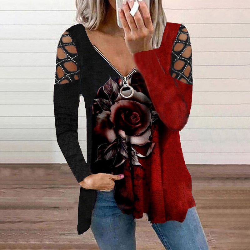 Wholesale Clothing V-Neck Printed Hollow Hot Drilling Casual Top