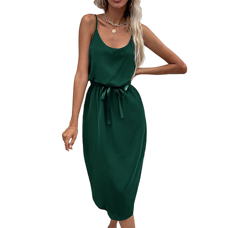 Solid Color Sleeveless Sling V Neck Wholesale Cami Dresses With Belt