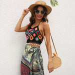 Ethnic Style Mixed Color Stitching Fringed Tie Bulk Crop Tops