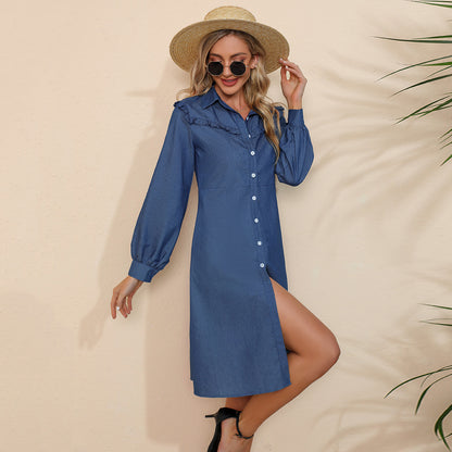 Women Lapel Solid Denim Long Sleeve Wholesale Womens Dresses