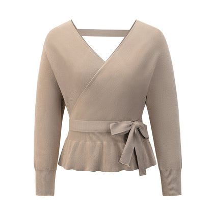 V-neck long-sleeved Backless Ruffled Hem Strappy Waist sweater