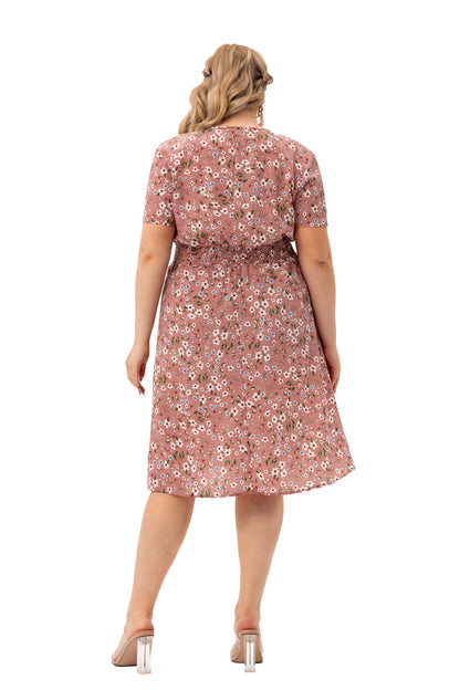 Women Fashion Short Sleeve V Neck Wholesale Plus Size Floral Dresses Summer