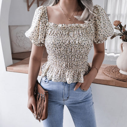 Floral Printed Square Neck Ruffles Puff Sleeve Chiffon Womens Tops Casual Wholesale T Shirts