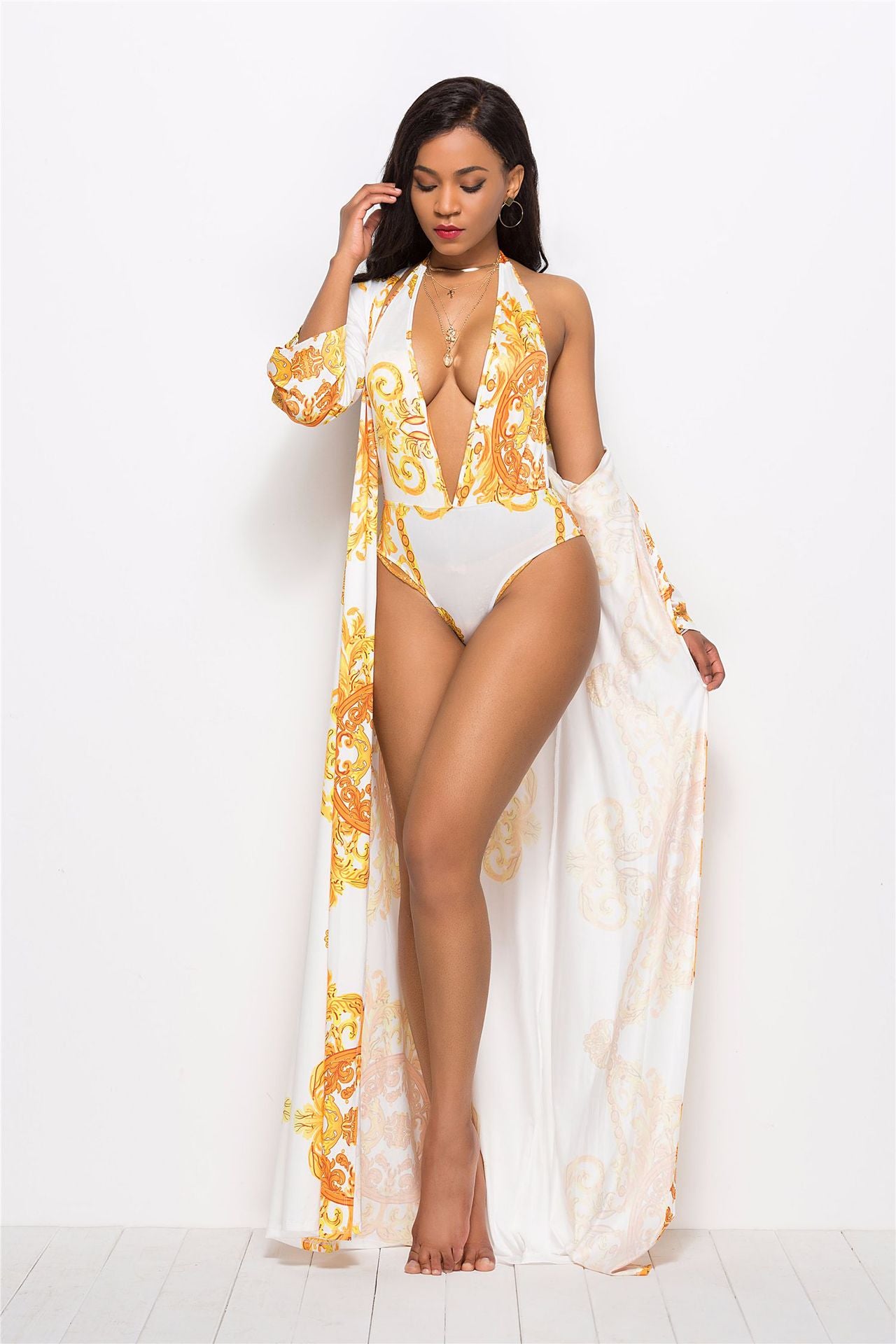 Printed Halterneck Design Swimsuit & Coats Sets Women Swimwear Wholesale Vendors