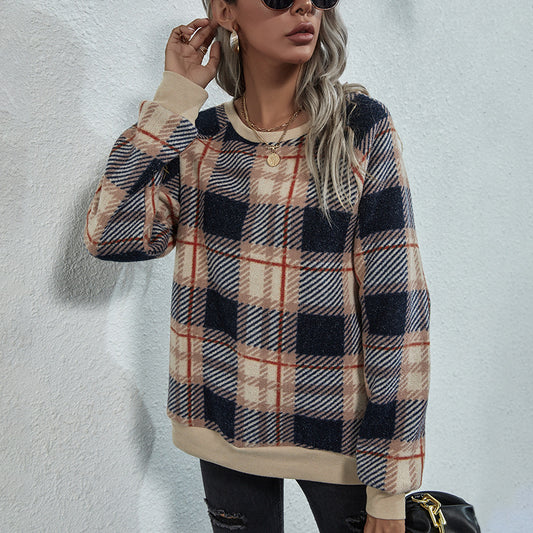 Round Neck Long-Sleeved Plaid Stitching Sweatshirts Women T-shirt Boutique Wholesale Clothing USA