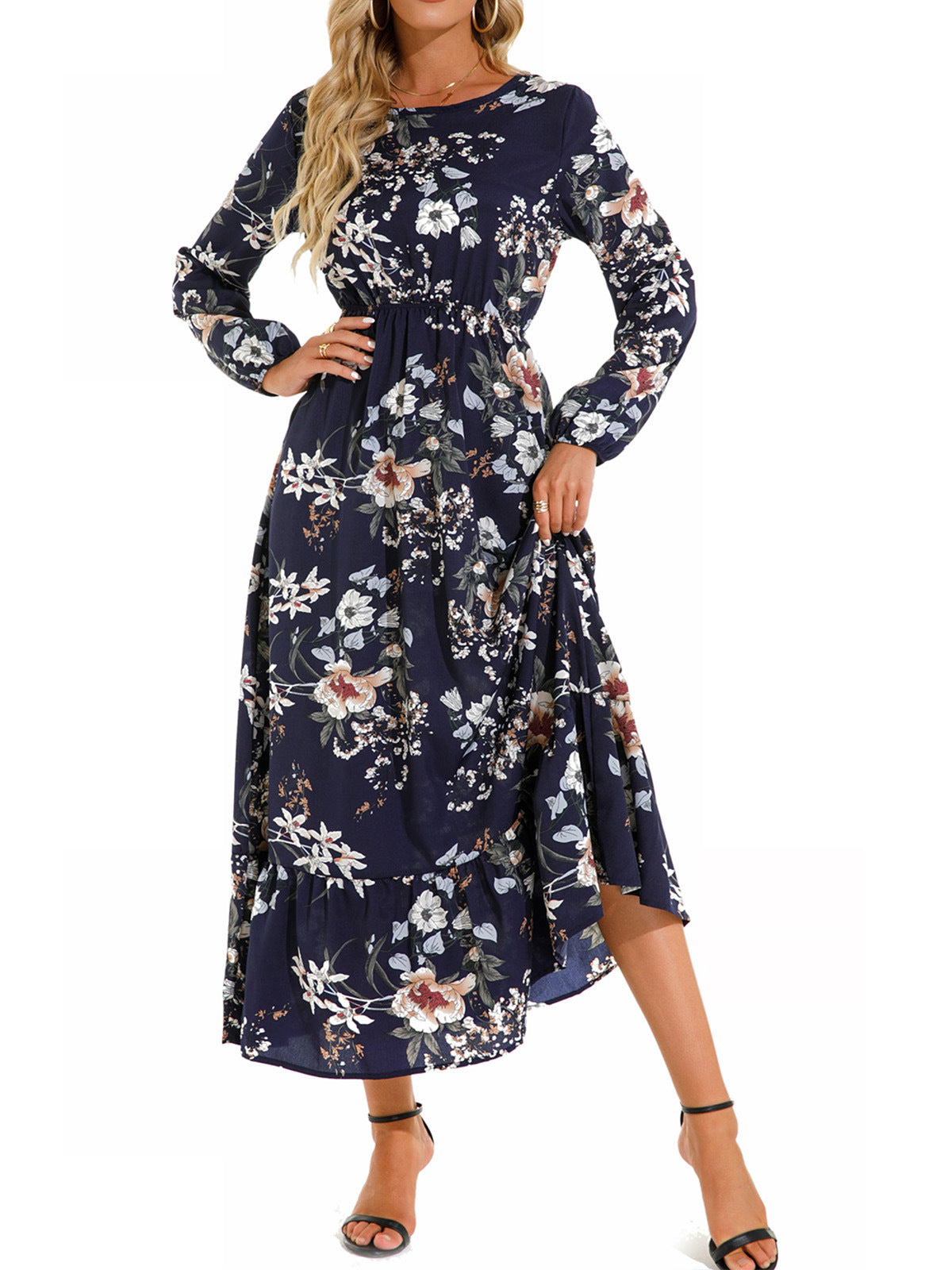 Fashion Print Chiffon High Waist Dress Casual Long Sleeve Round Neck A-Line Wholesale Dresses