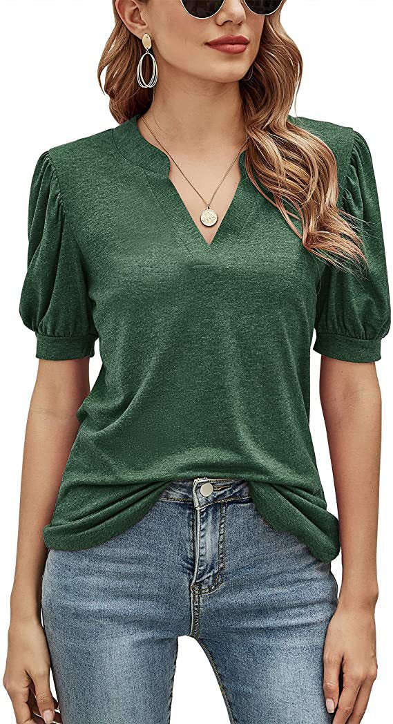 Women Fashion V Neck Short Sleeve Plain Wholesale T-shirts Blouses Summer