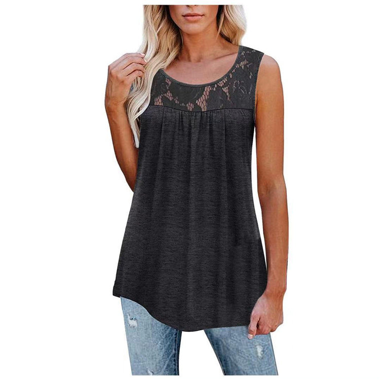 Solid Color Sleeveless Lace Pleated Summer Wholesale Tank Tops Casual