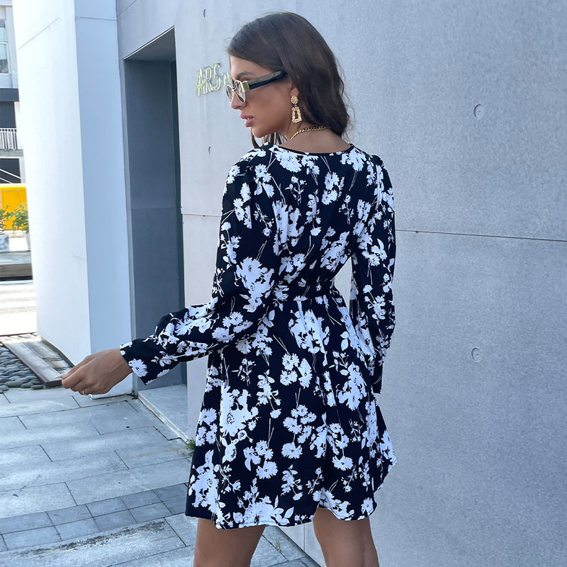 Deep V Neck Pullover Fashion Floral Printed Long Sleeve Wholesale Dresses Loose SD203077