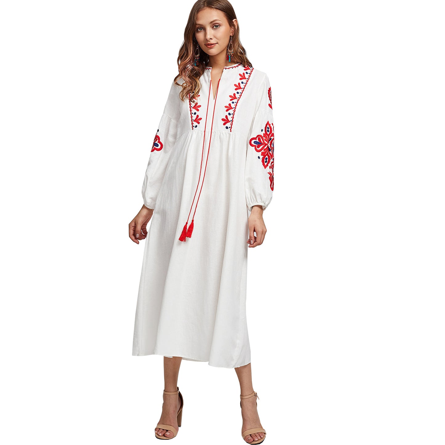 Embroidery Tassel Vintage Dresses V-Neck Bohemian Dress Women Clothing