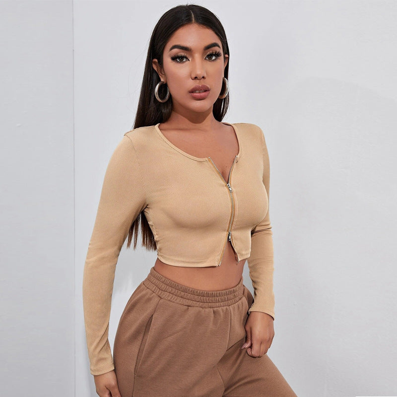 Regular Zipper Knitting O-neck Crop Top