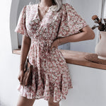 Floral Ruffle Pleats Flare Sleeve Wholesale Summer Dresses