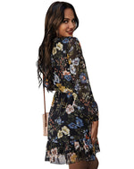 Sexy V Neck Chiffon Floral Print Dress Lace Up Long Sleeve Wholesale Dresses