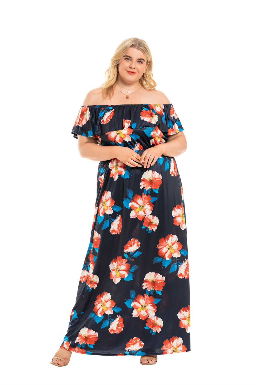 Floral Printed Off Shoulder Fashion Curve Maxi Dresses Vacation Dress Wholesale Plus Size Clothing