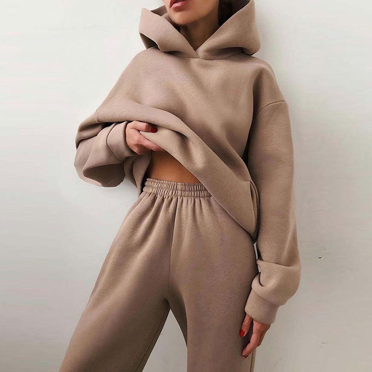 Fashion Casual Thick Solid Color Hooded Sweatershirt Long-Sleeved & Long Trousers Womens 2 Piece Sets