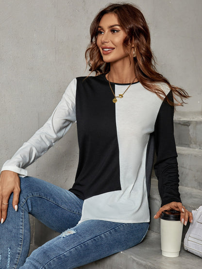 Casual U-Neck Splicing Tops Wholesale Womens Long Sleeve T Shirts