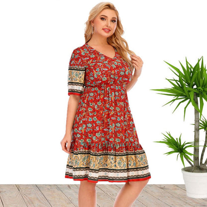 Printed V Neck Short Sleeve Fashion Midi Curve Dress Vacation Wholesale Plus Size Boho Dresses