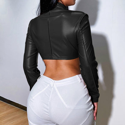 Fashion Solid Color Women'S Long-Sleeved Zipper PU Jacket Ultra-Short Wholesale Crop Tops