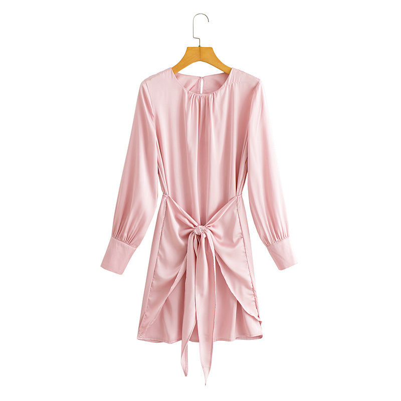 Ruched Knot Neck Solid Color Long Sleeve Fashion A-Line Satin Dress Wholesale Shirt Dresses