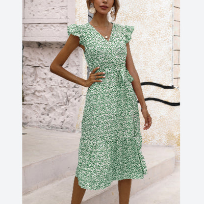 Floral Print V-Neck Lace-Up Waist Frill Sleeve Ruffle Dress Casual Summer Wholeslae Dresses