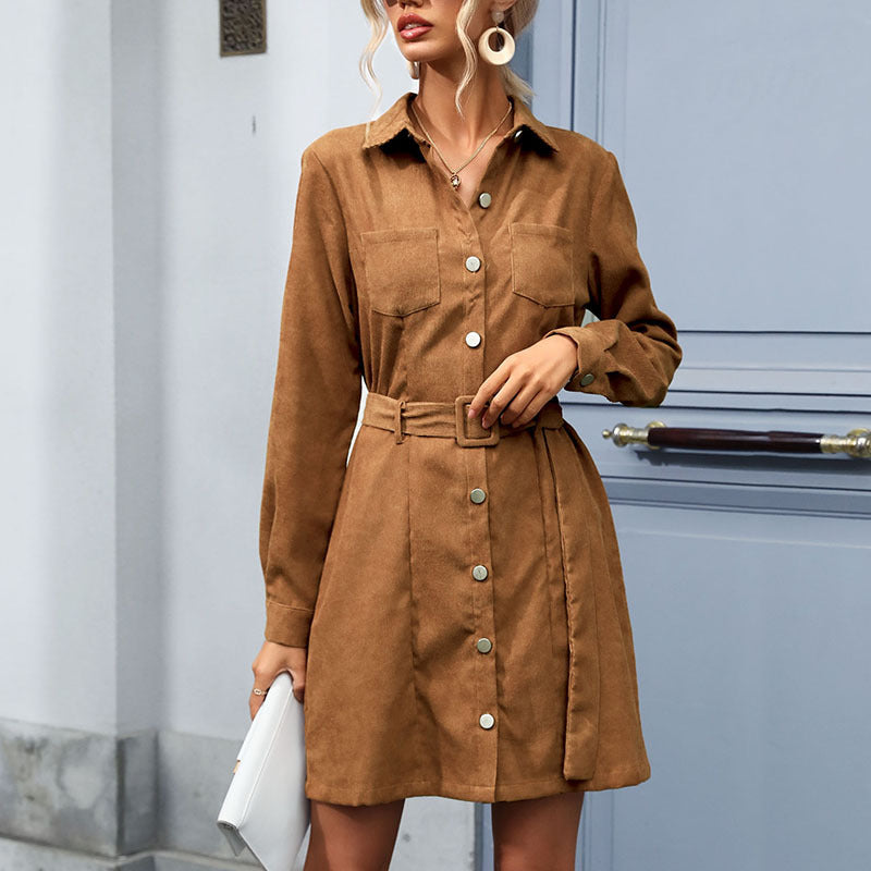 Corduroy Lapel Long Sleeve Shirt Dress With Belt Single-Breasted Midi Wholesale Dresses