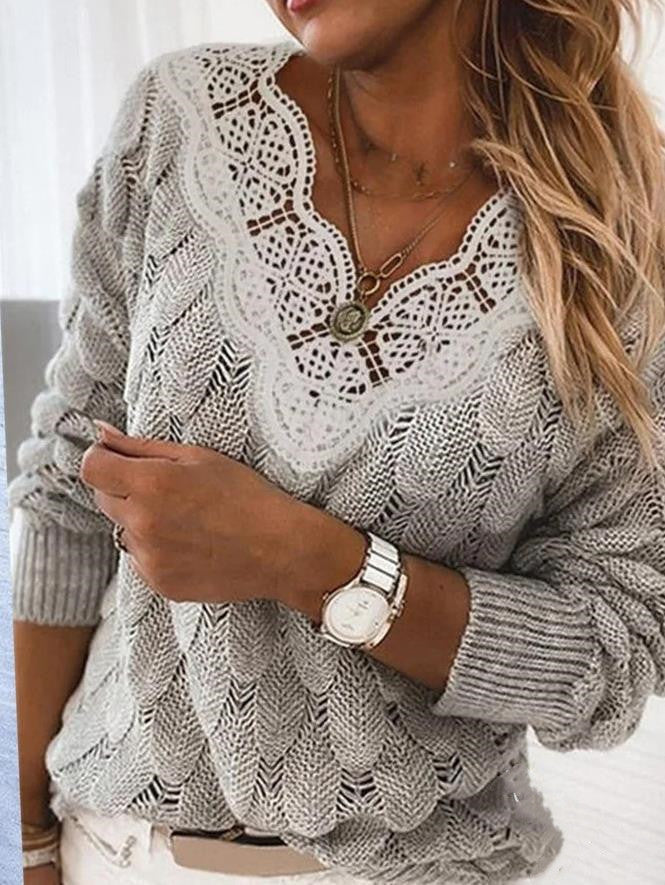 Solid Color Trendy V Neck Long Sleeve Knit Lace Womens Tops Wholesale Sweater Vendors Casual