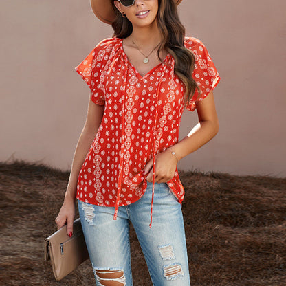 Short Sleeve Floral Print V-Neck Chiffon Womens Shirts Casual Pullover Tops Boho Wholesale Vendors