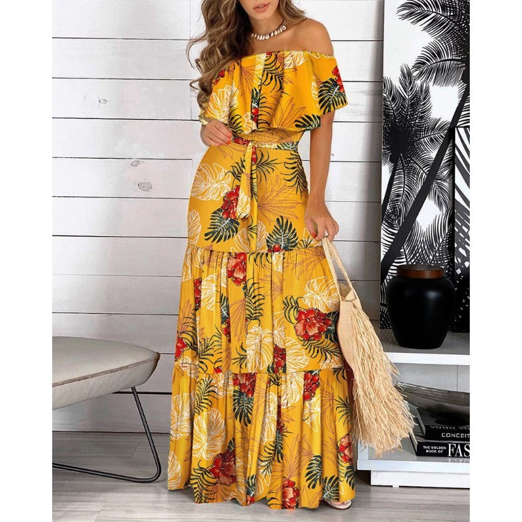 Off Shoulder Floral Print Tie Waist Pleated Wholesale Maxi Dresses Summer