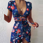 Deep-V Neck Printed Cutout Lace-Up Short-Sleeve Tight Ruffles Bodycon Dress Sexy Wholesale Dresses