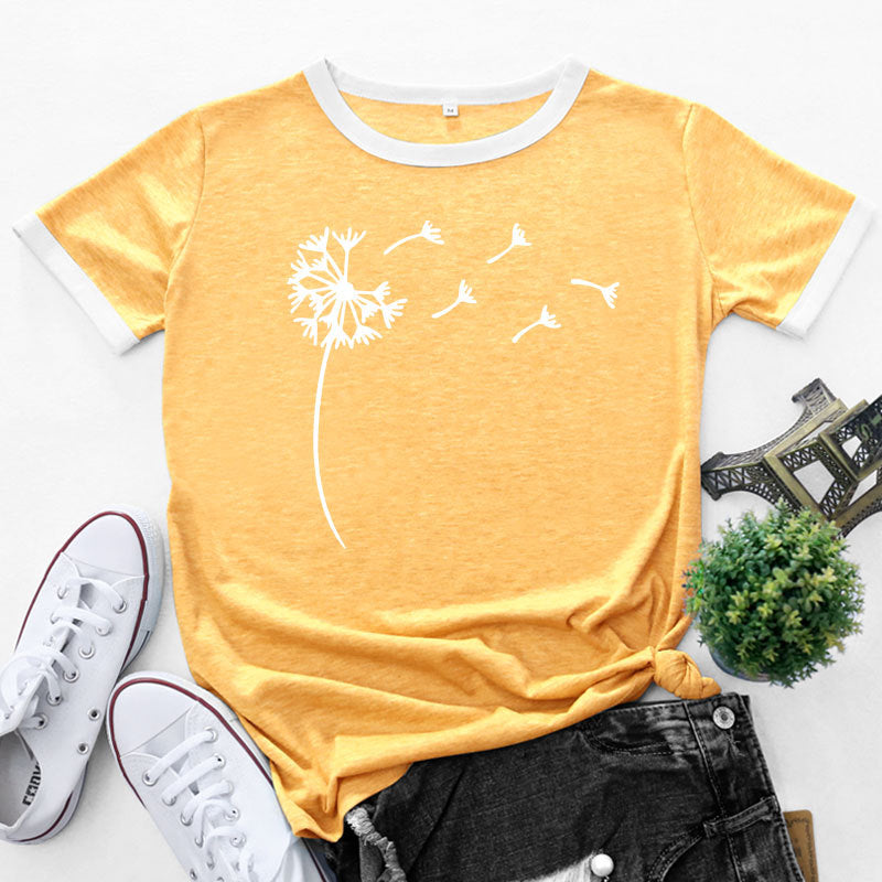 Fashion Patchwork Contrast Dandelion Print Tops Short Sleeve Womens T Shirts Wholesale